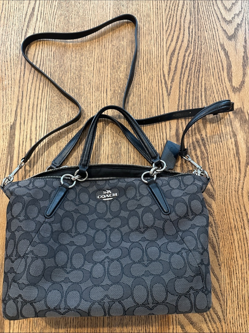 Coach Black and Charcoal Signature Satchel with Crossbody Strap